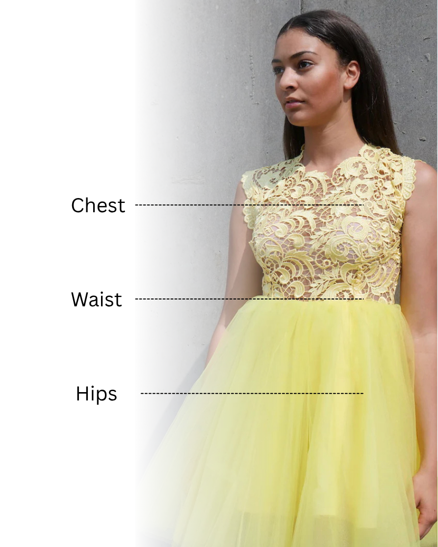 Woman wearing a yellow lace dress with labeled measurements on a white background